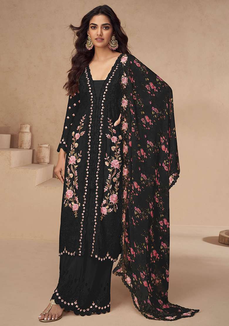 Black Floral Print Chinon Straight Kurta Set - Indya