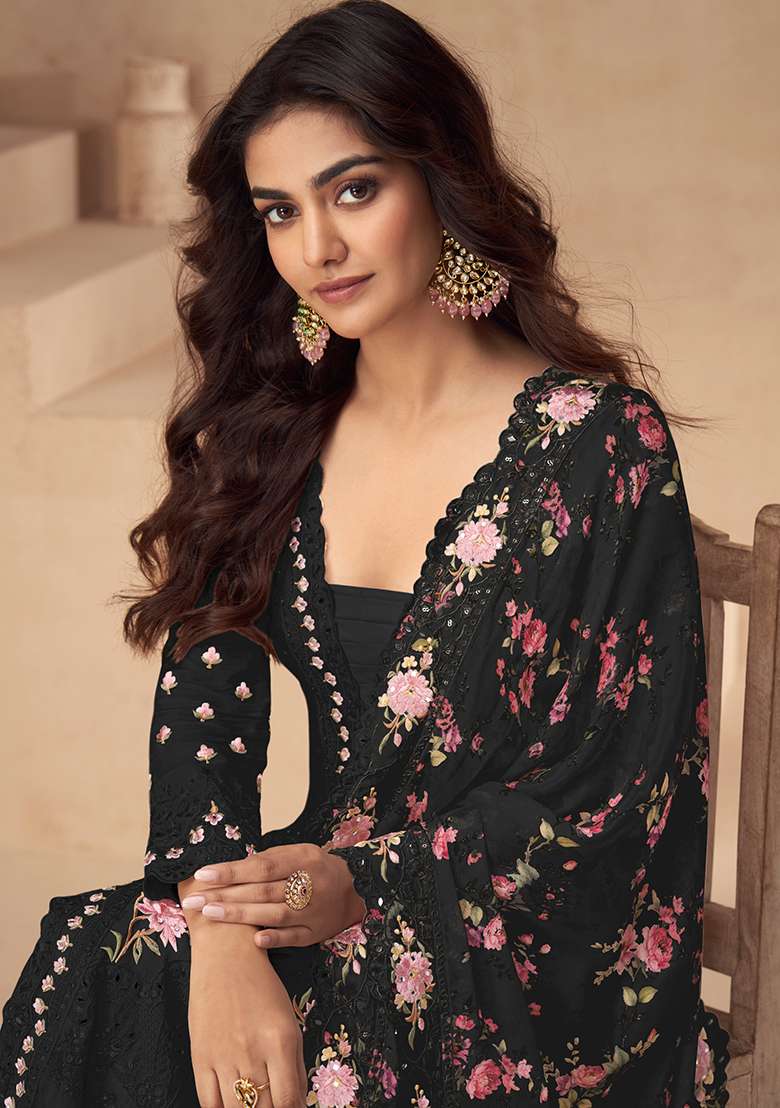 Black Floral Print Chinon Straight Kurta Set - Indya