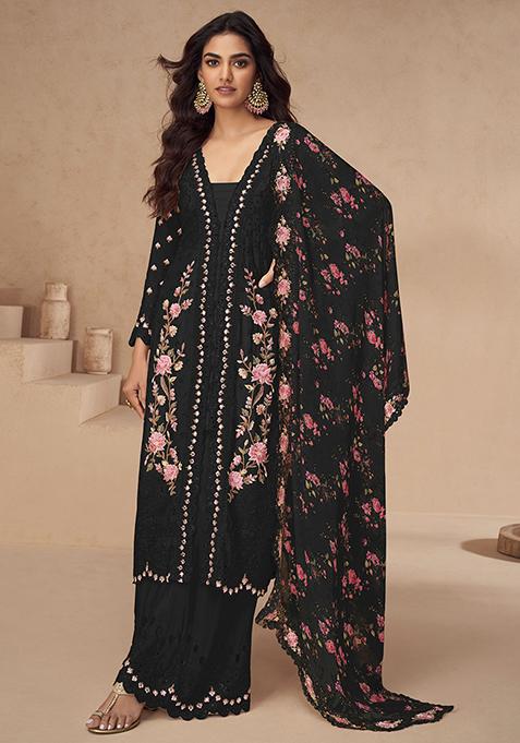 Black Embroidered Chinnon Anarkali Set With Dupatta