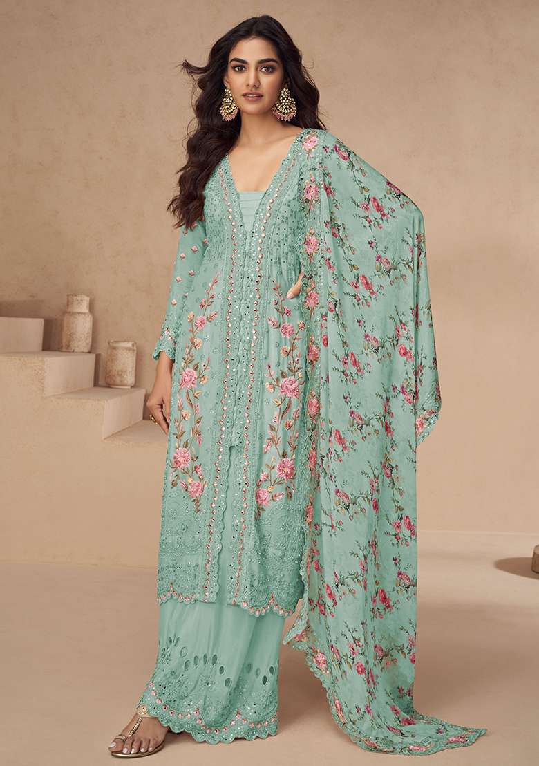 Sea Green Embroidered Chinnon Anarkali With Dupatta - Indya