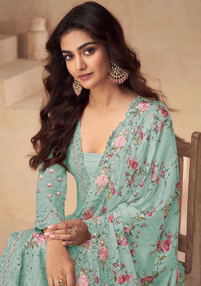Sea Green Embroidered Chinnon Anarkali With Dupatta - Indya