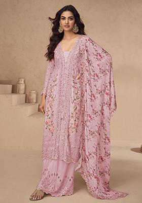 Pink Embroidered Chinnon Anarkali Set With Dupatta
