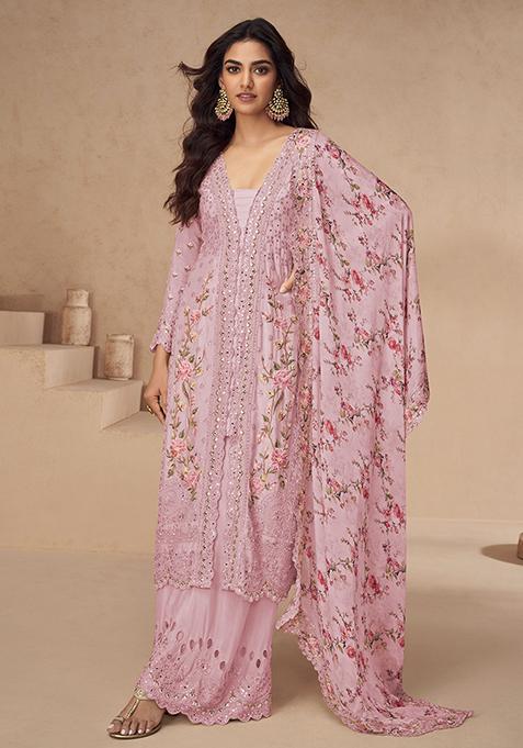 Pink Embroidered Chinnon Anarkali Set With Dupatta
