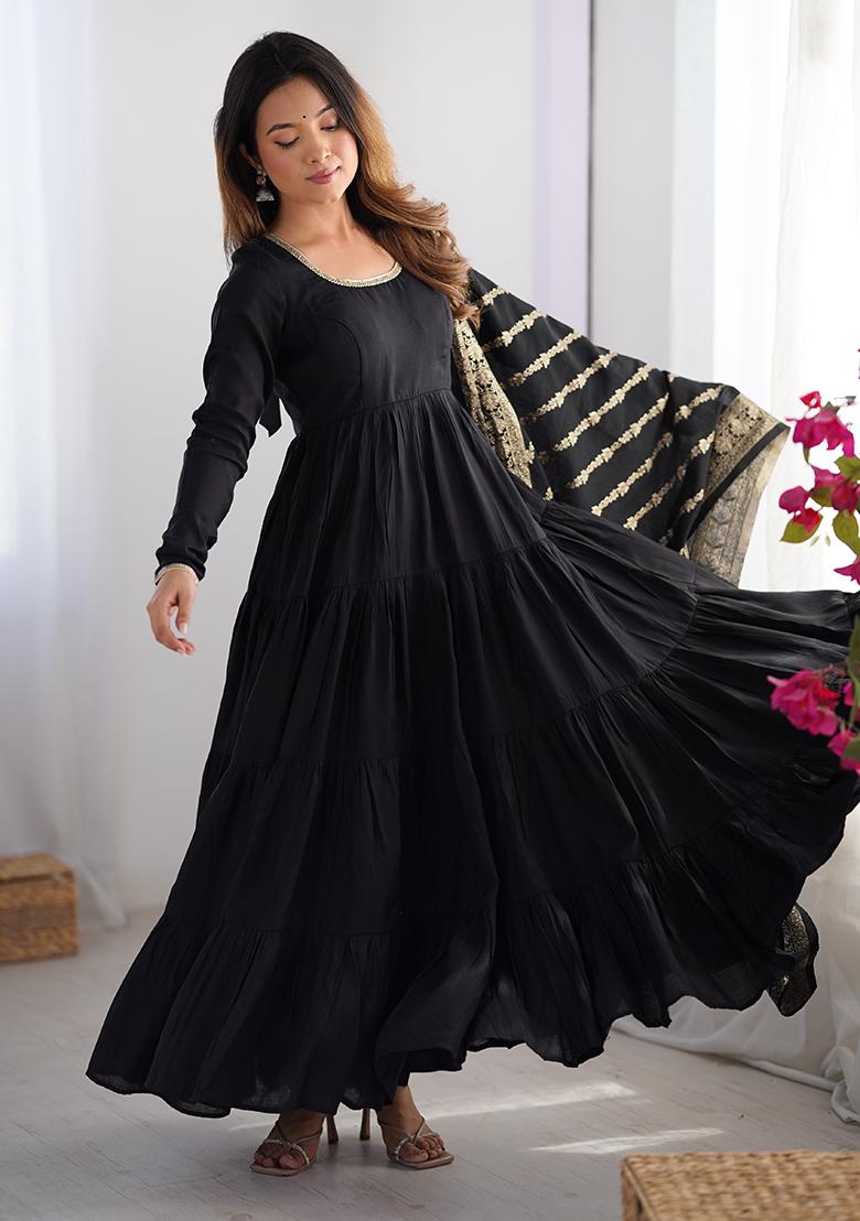 Black Embroidered Chanderi Anarkali Set With Dupatta