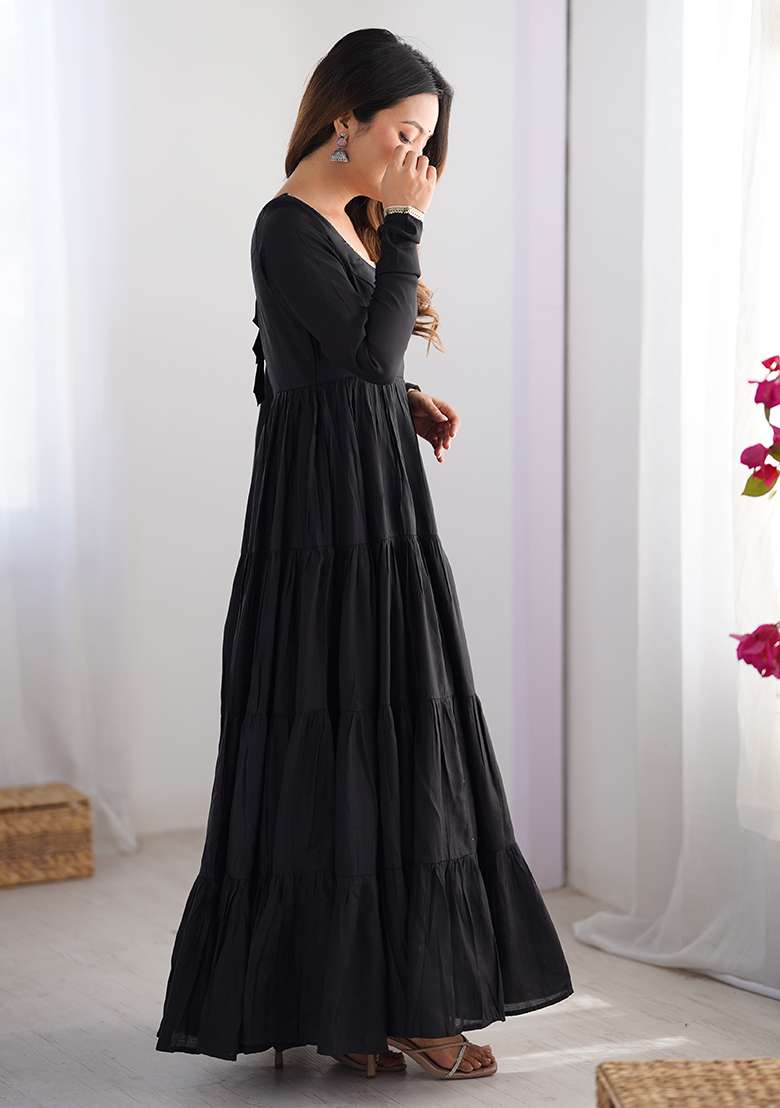 Black Solid Chanderi Anarkali Set - Indya