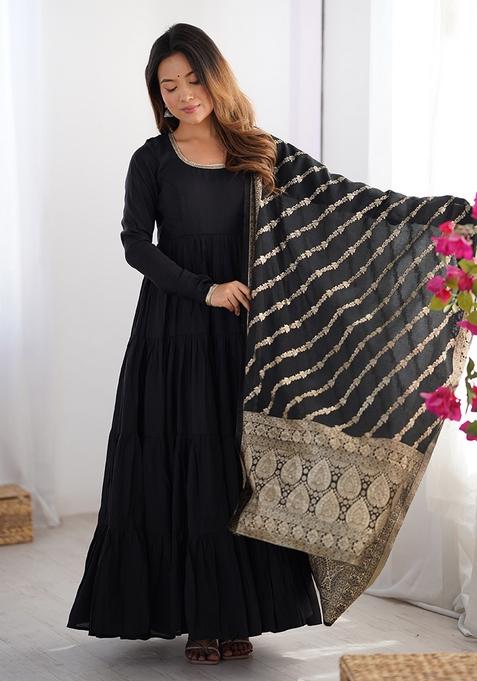 Black Embroidered Chanderi Anarkali Set With Dupatta