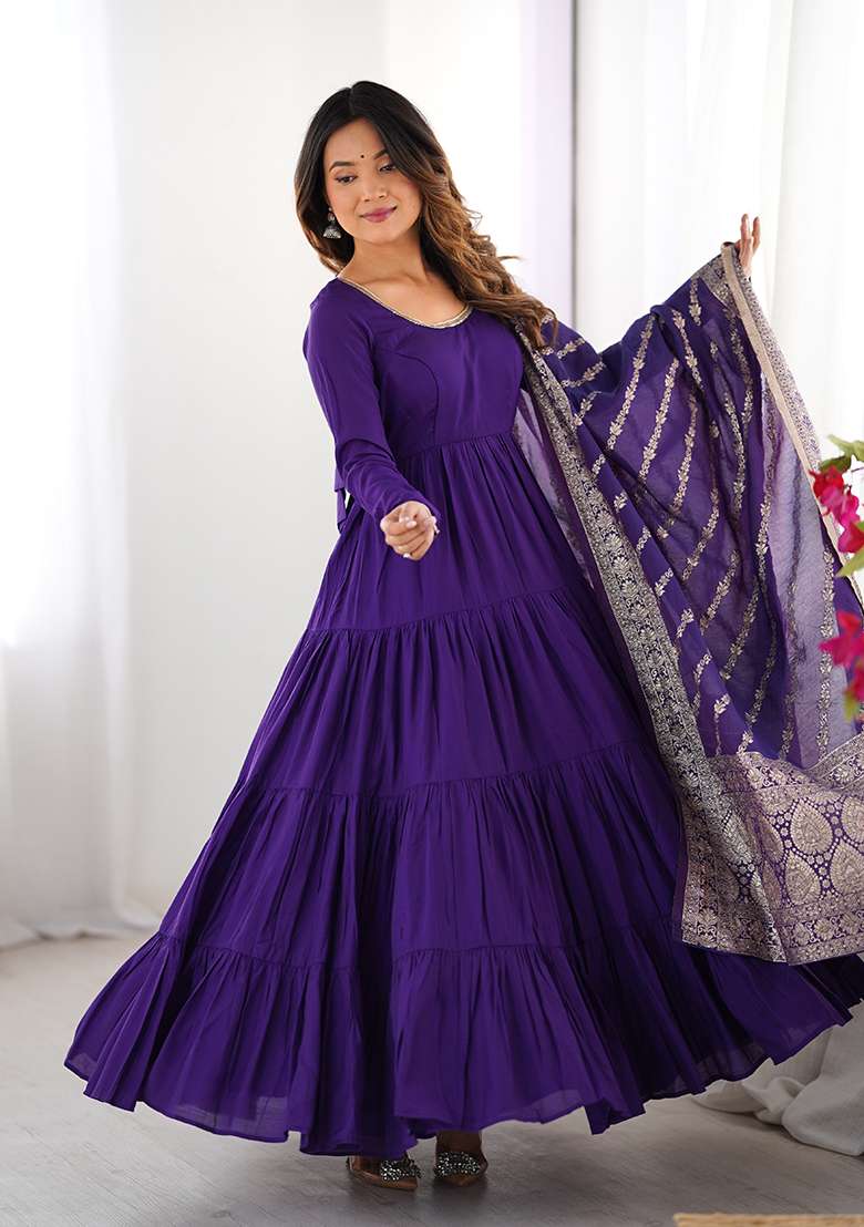 Blue Solid Chanderi Anarkali Set - Indya
