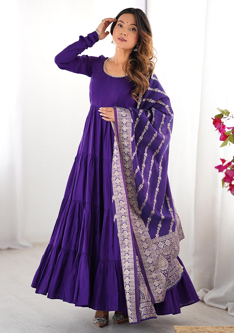 Blue Embroidered Chanderi Anarkali Set With Dupatta