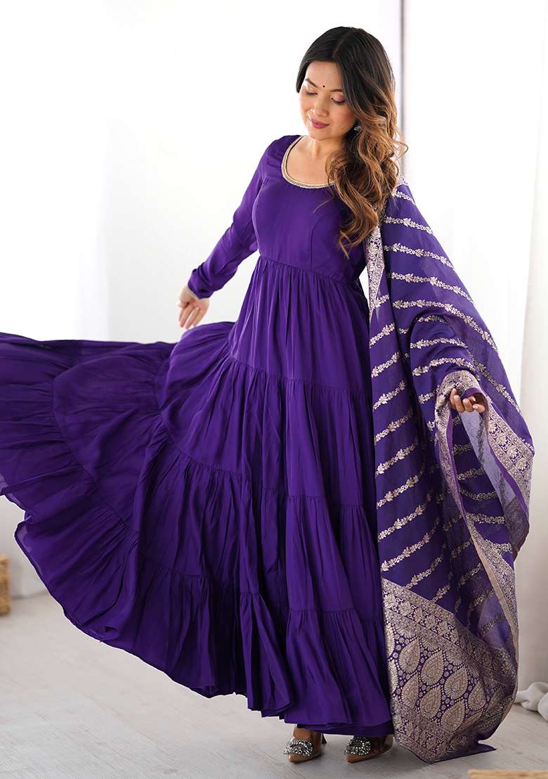 Blue Solid Chanderi Anarkali Set - Indya