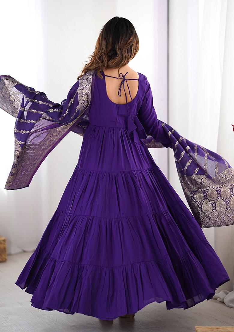 Blue Embroidered Chanderi Anarkali Set With Dupatta