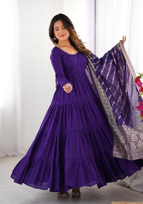 Blue Embroidered Chanderi Anarkali Set With Dupatta