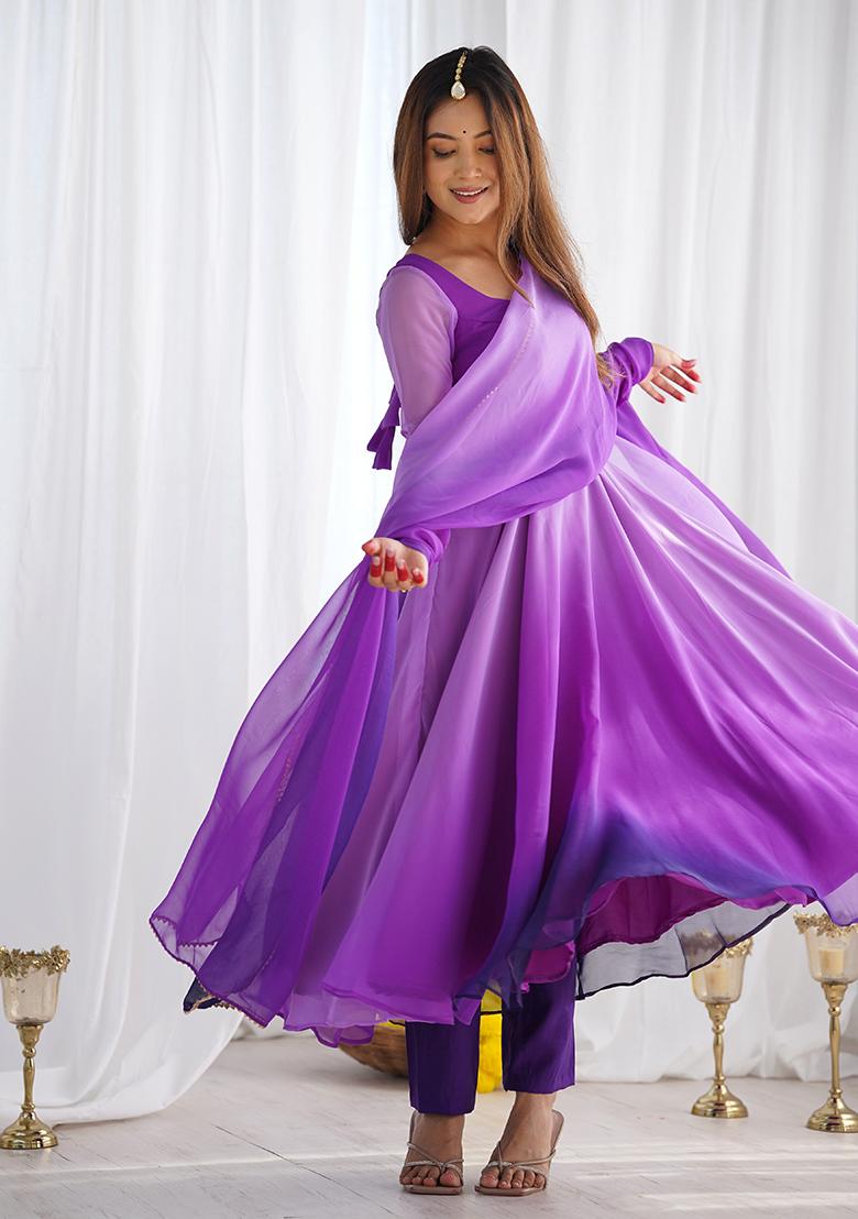 Purple Printed Georgette Anarkali Set With Dupatta