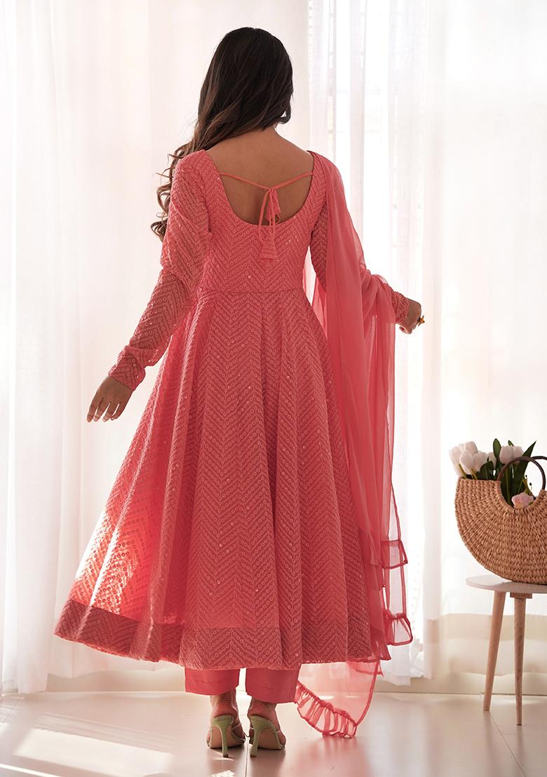 Pink Embroidered Georgette Anarkali Set With Dupatta