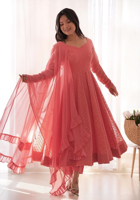 Pink Embroidered Georgette Anarkali Set With Dupatta