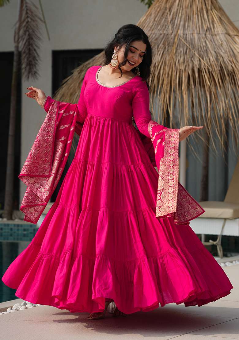 Pink Solid Chanderi Anarkali Set - Indya