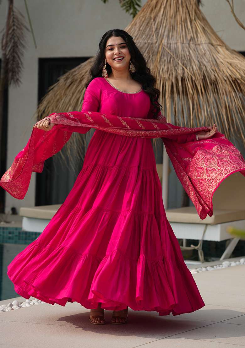 Pink Solid Chanderi Anarkali Set - Indya