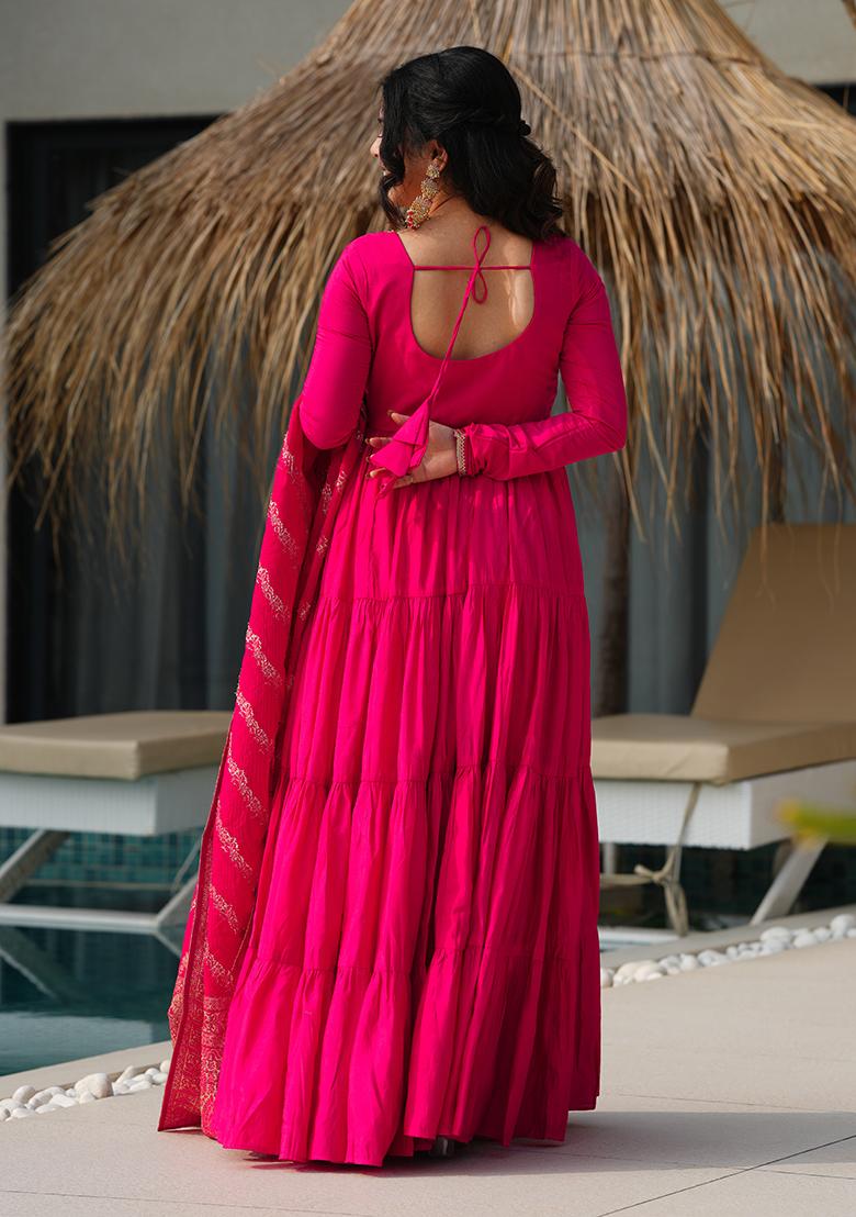 Pink Embroidered Chanderi Anarkali Set With Dupatta