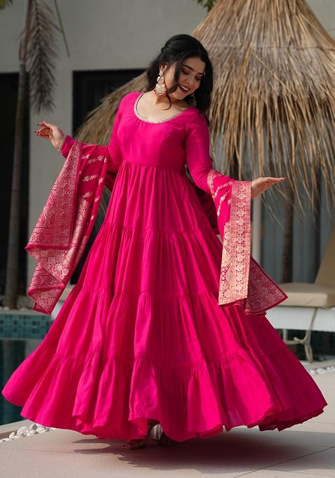 Pink Embroidered Chanderi Anarkali Set With Dupatta