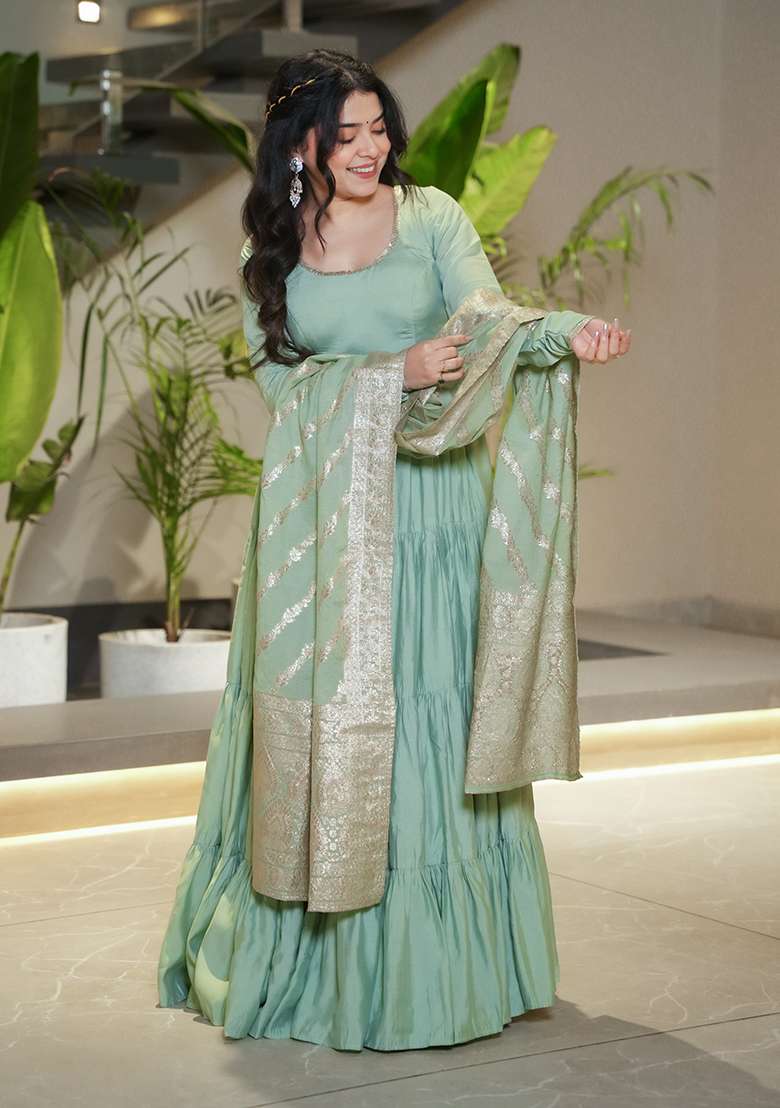 Mint Green Solid Chanderi Anarkali Set - Indya