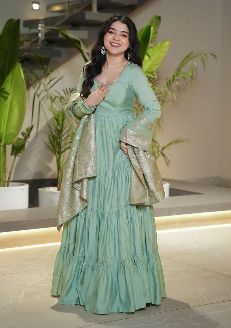 Mint Green Solid Chanderi Anarkali Set - Indya