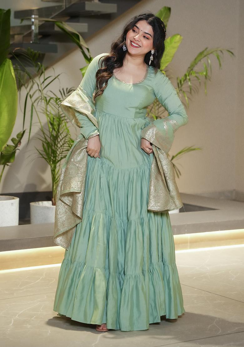 Mint Green Embroidered Chanderi Anarkali Set With Dupatta