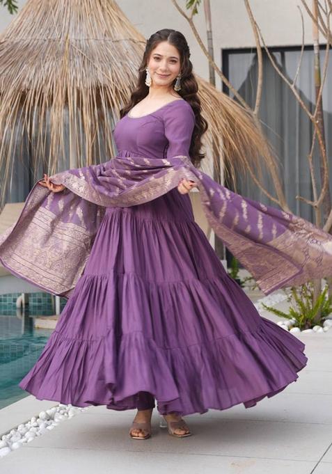 Purple Embroidered Chanderi Anarkali Set With Dupatta