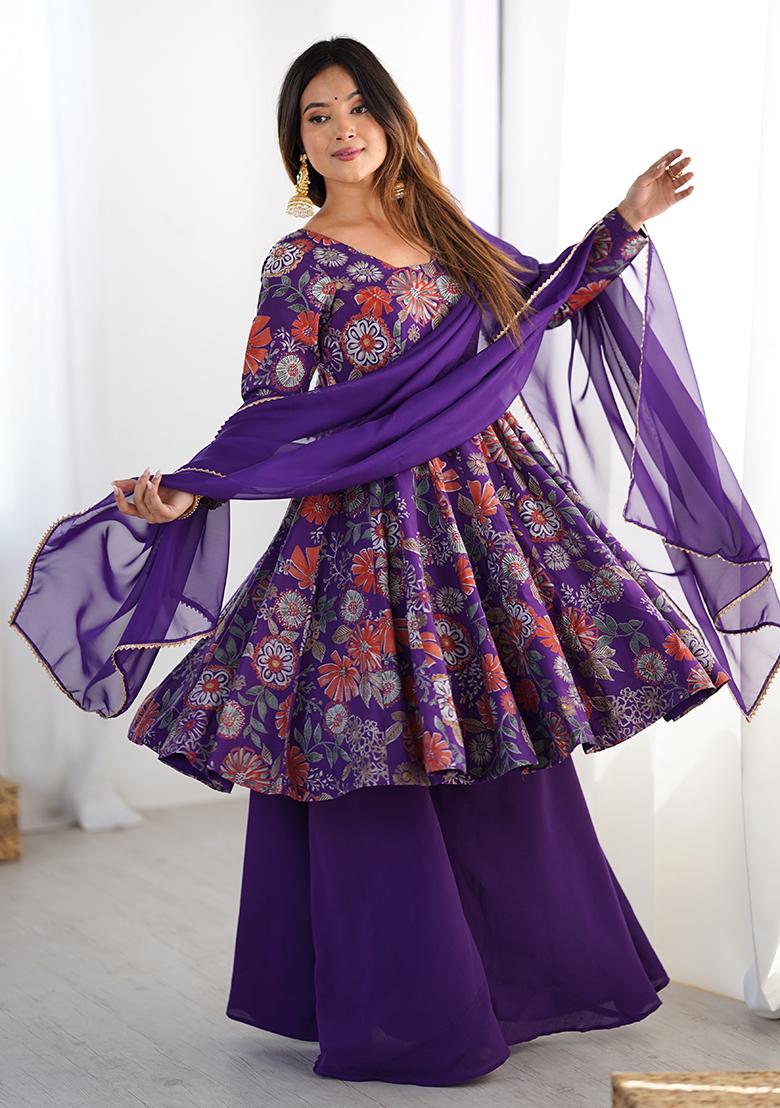 Purple Embroidered Chanderi Anarkali Set With Dupatta