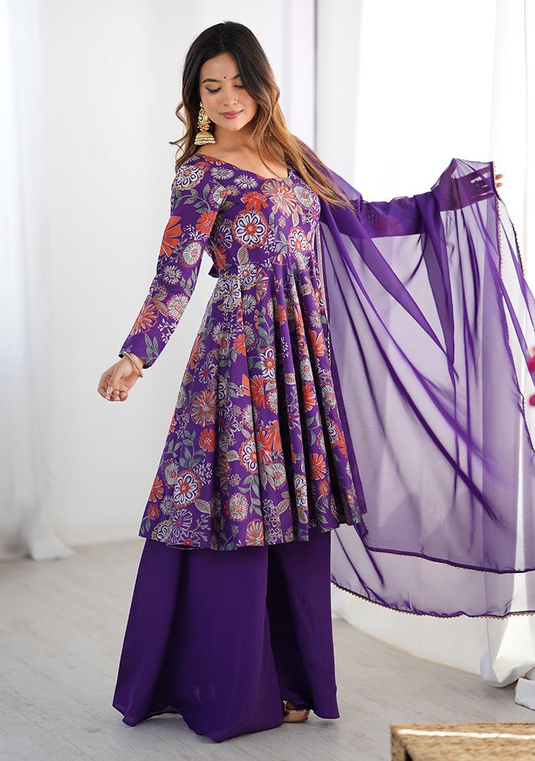 Purple Embroidered Chanderi Anarkali Set With Dupatta