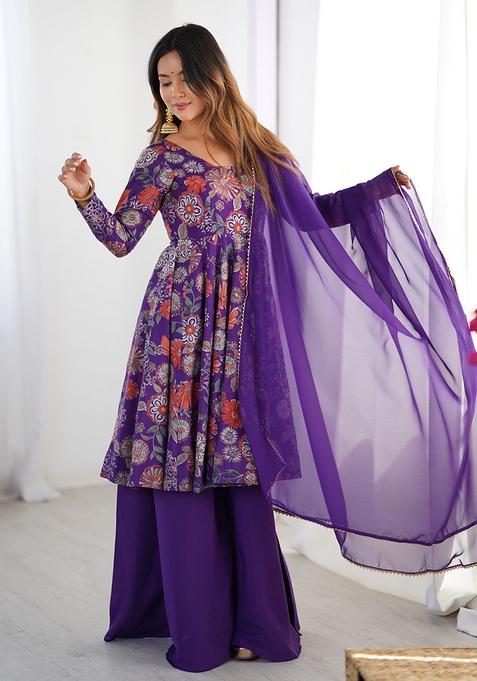Purple Embroidered Chanderi Anarkali Set With Dupatta