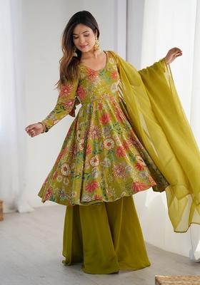 Mint Green Embroidered Chanderi Anarkali Set With Dupatta