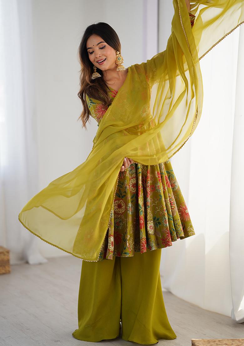 Mint Green Embroidered Chanderi Anarkali Set With Dupatta