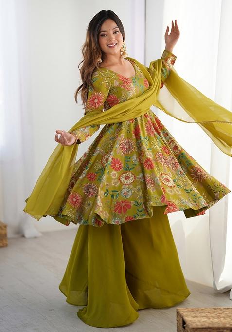 Mint Green Embroidered Chanderi Anarkali Set With Dupatta