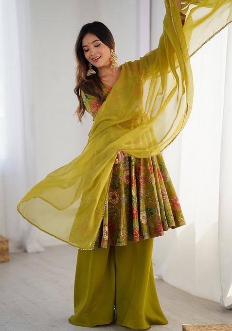 Mint Green Embroidered Chanderi Anarkali Set With Dupatta