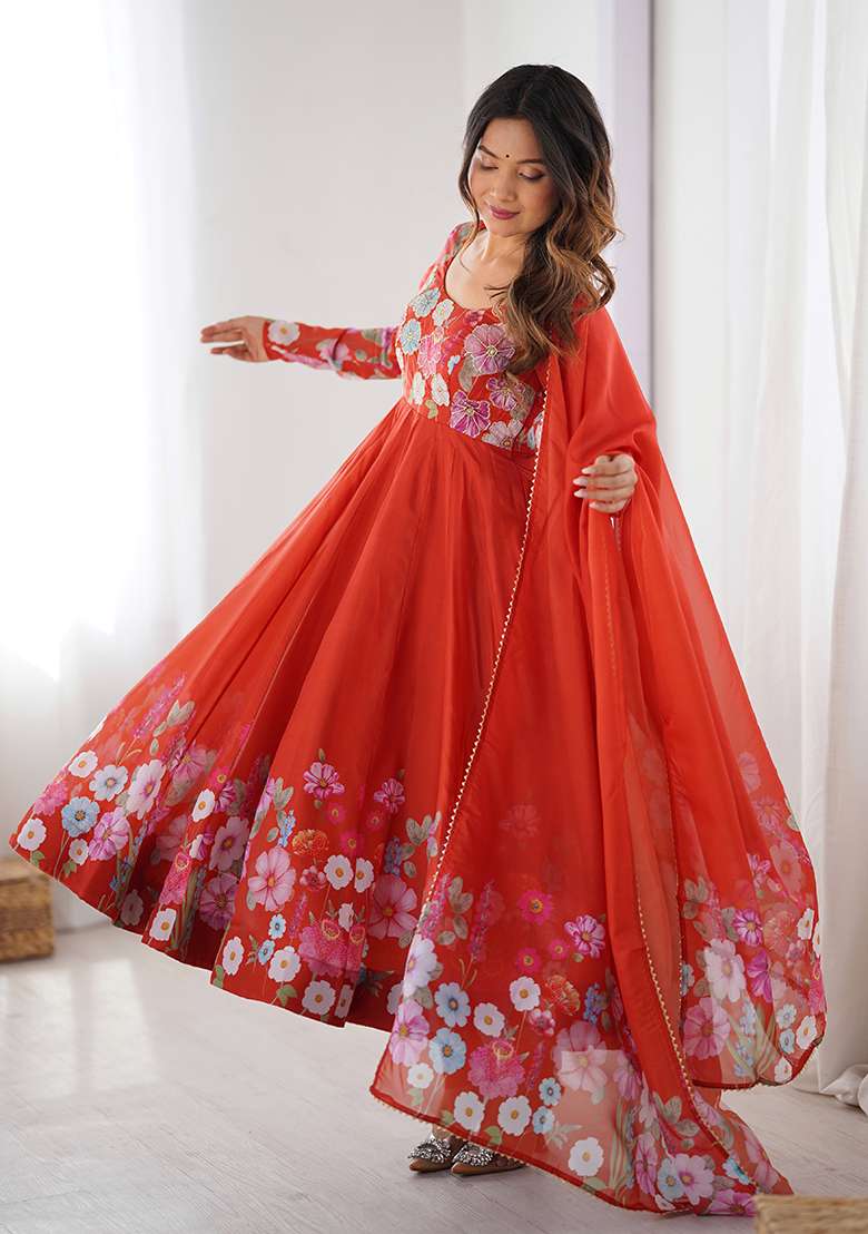 Red Floral Print Organza Anarkali Set - Indya