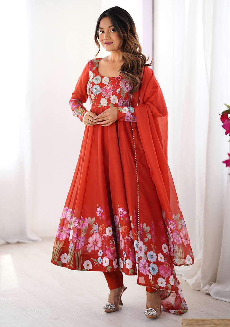 Red Floral Print Organza Anarkali Set - Indya