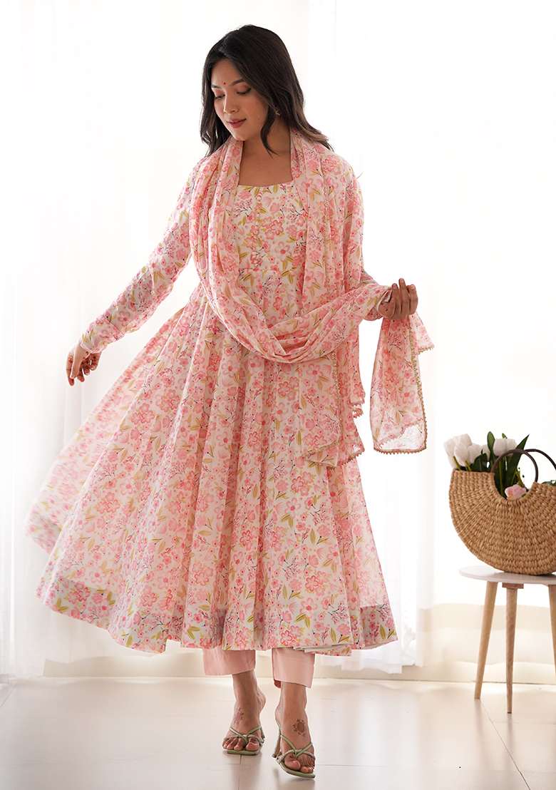 Pink Floral Print Chiffon Anarkali Set - Indya
