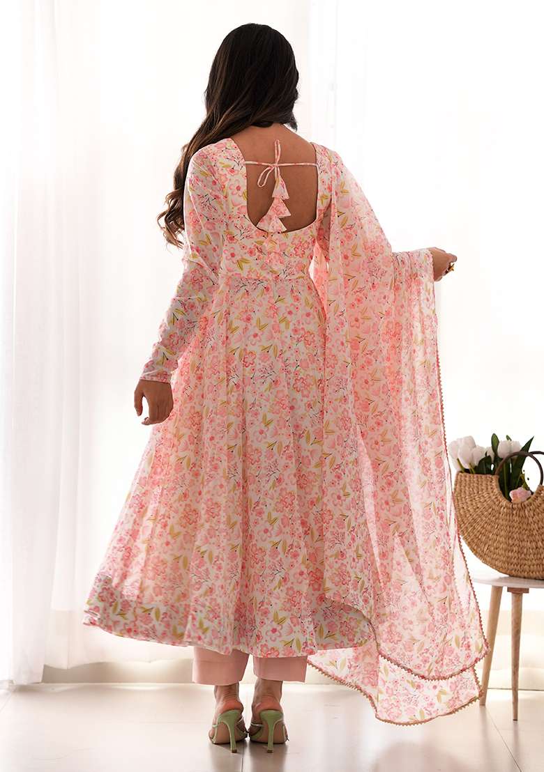 Pink Floral Print Chiffon Anarkali Set - Indya