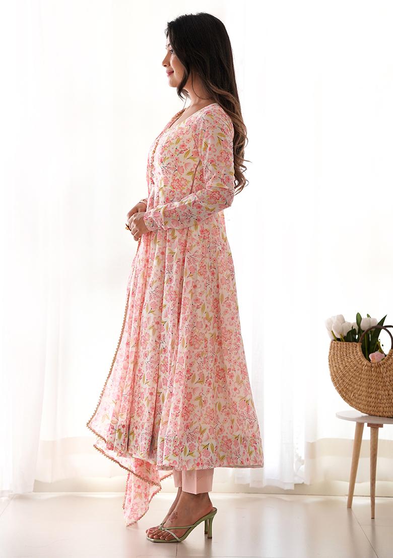 Pink Embroidered Chiffon Anarkali Set With Dupatta