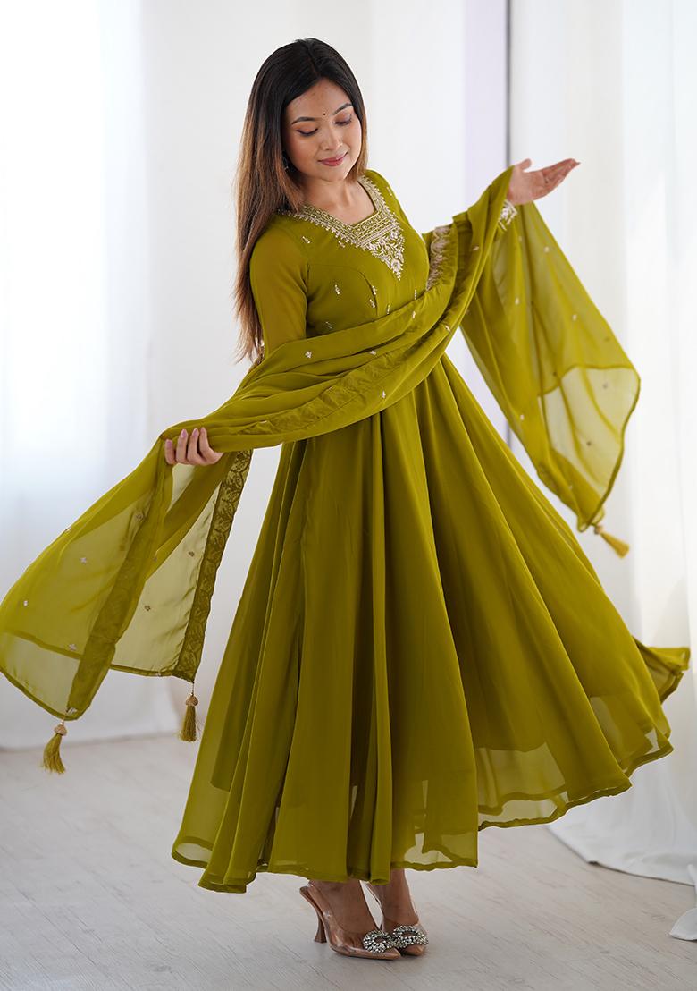 Mint Green Embroidered Georgette Anarkali Set With Dupatta