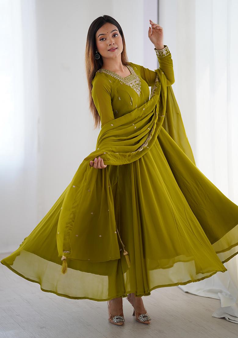 Mint Green Embroidered Georgette Anarkali Set With Dupatta
