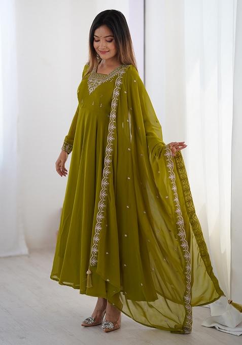 Mint Green Embroidered Georgette Anarkali Set With Dupatta