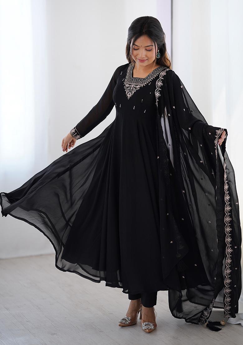 Black Embroidered Georgette Anarkali Set With Dupatta