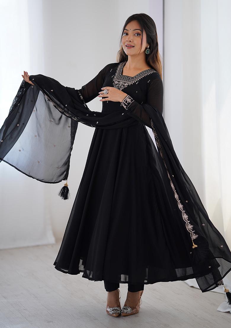Black Embroidered Georgette Anarkali Set With Dupatta