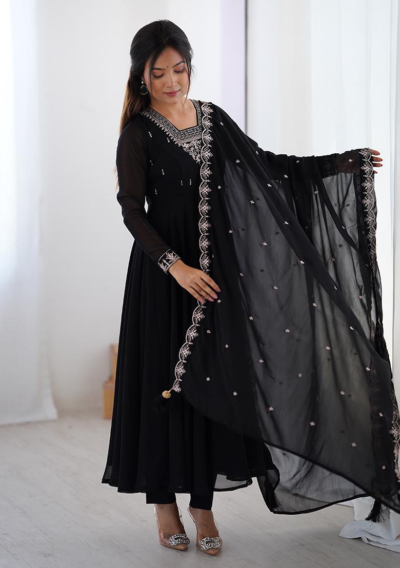 Black Embroidered Georgette Anarkali Set With Dupatta