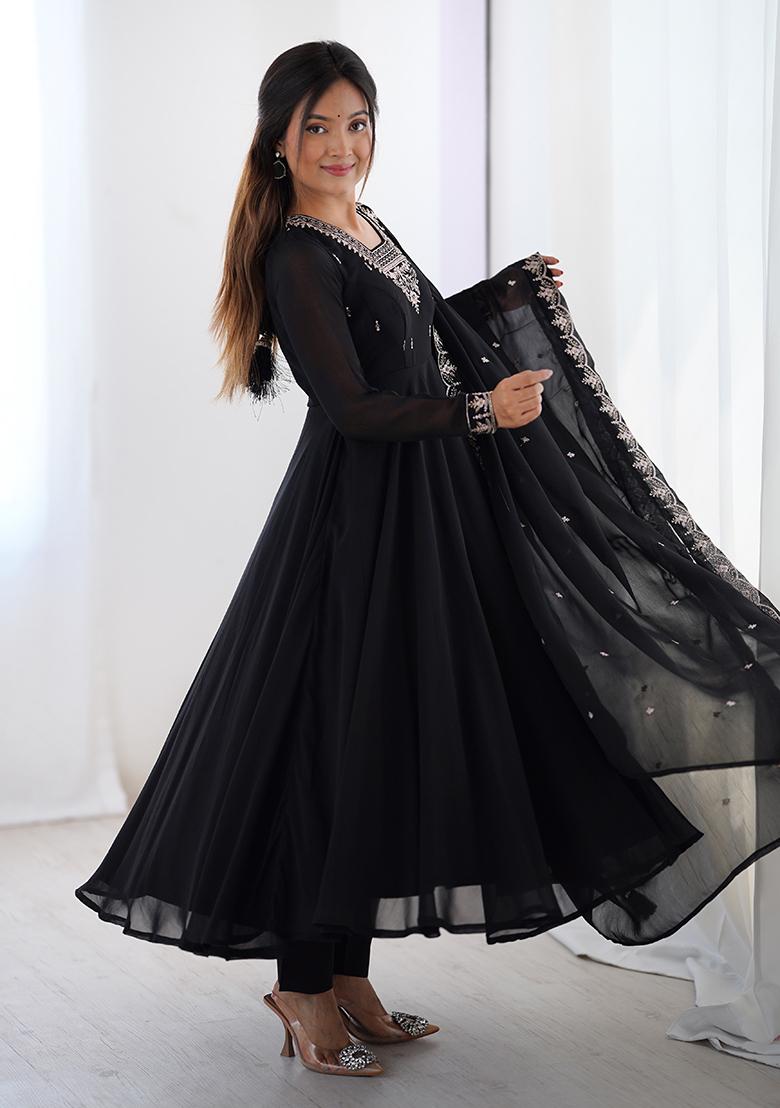 Black Embroidered Georgette Anarkali Set With Dupatta