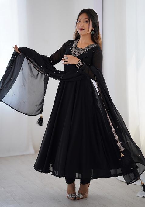 Black Embroidered Georgette Anarkali Set With Dupatta