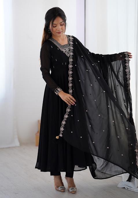 Black Embroidered Georgette Anarkali Set With Dupatta