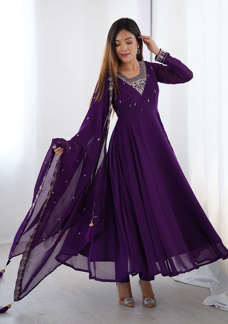 Purple Embroidered Georgette Anarkali Set - Indya