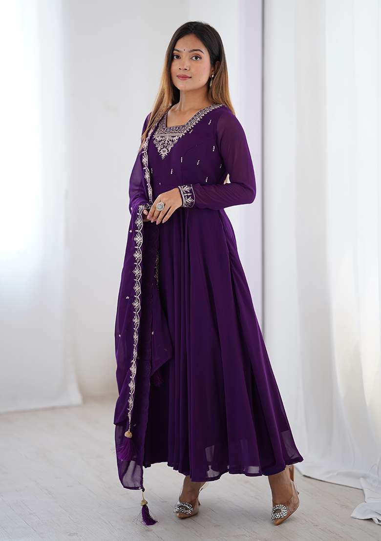 Purple Embroidered Georgette Anarkali Set - Indya