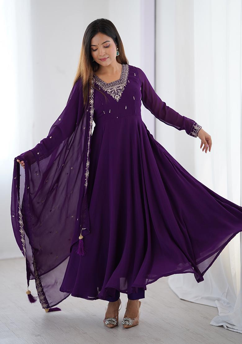 Purple Embroidered Georgette Anarkali Set With Dupatta